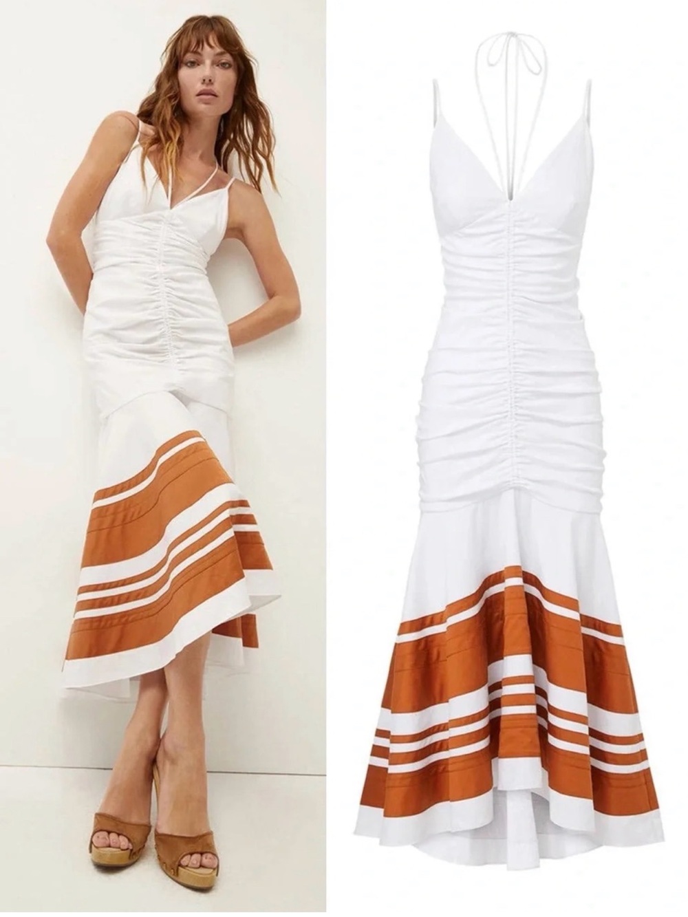 Veronica Beard $548 Fitz Halter Midi Dress White Orange Stripe